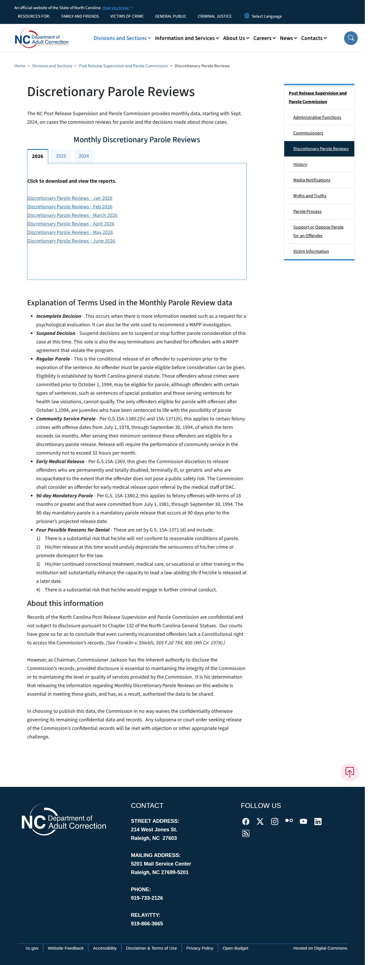 Watauga County parole monthly discretionary review results