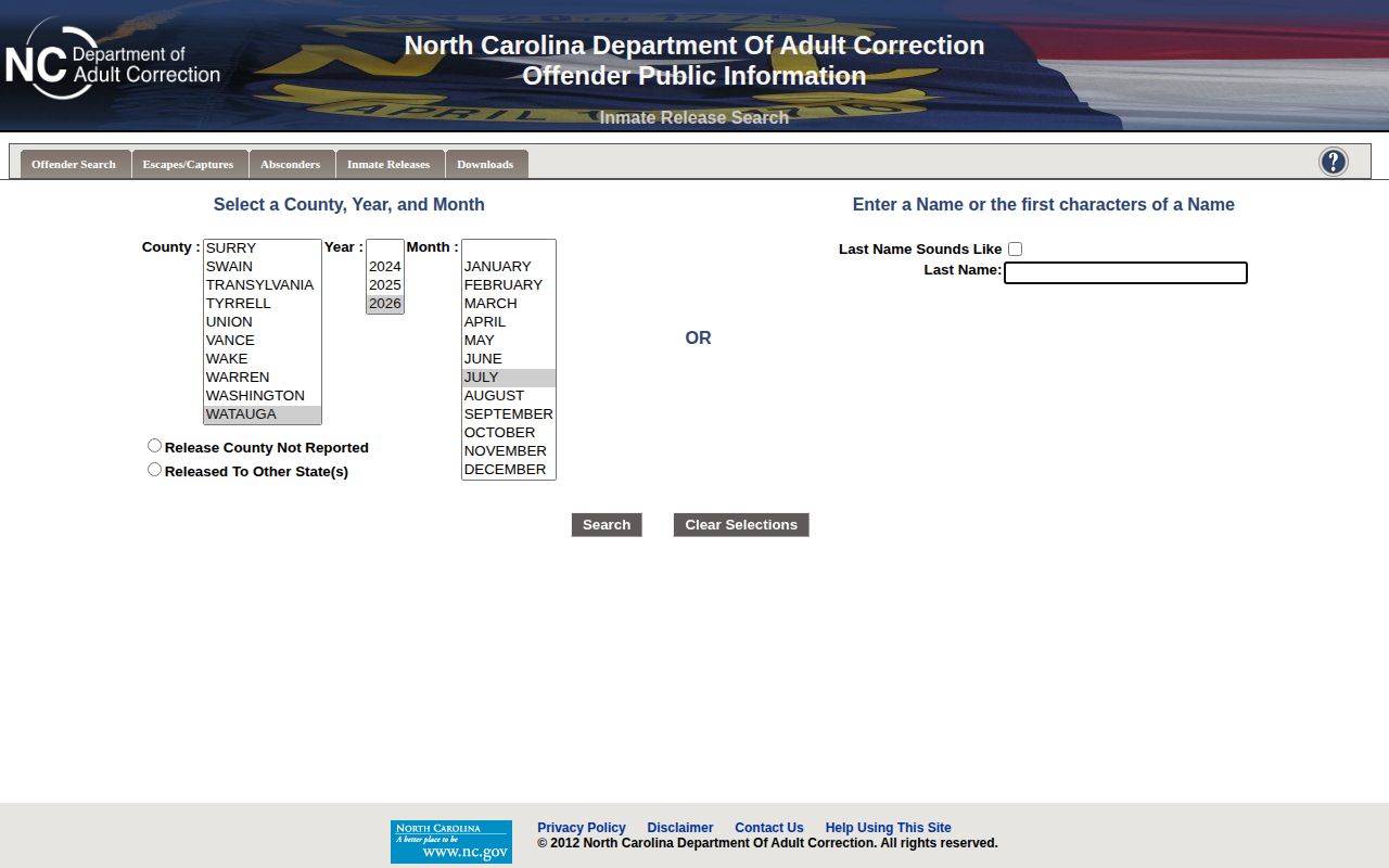 NCDAC monthly inmate release form with Watauga County selection