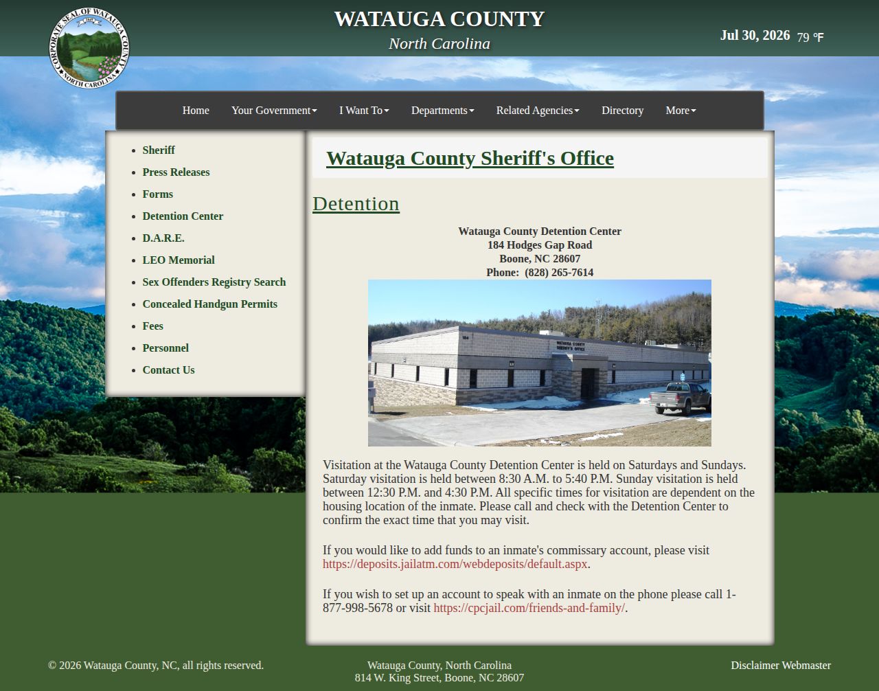 Watauga County Detention Center information page without an online release feed